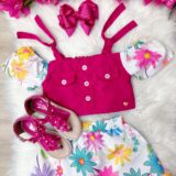Conjunto Infantil Blusa Pink e Saia Florida Margaridas