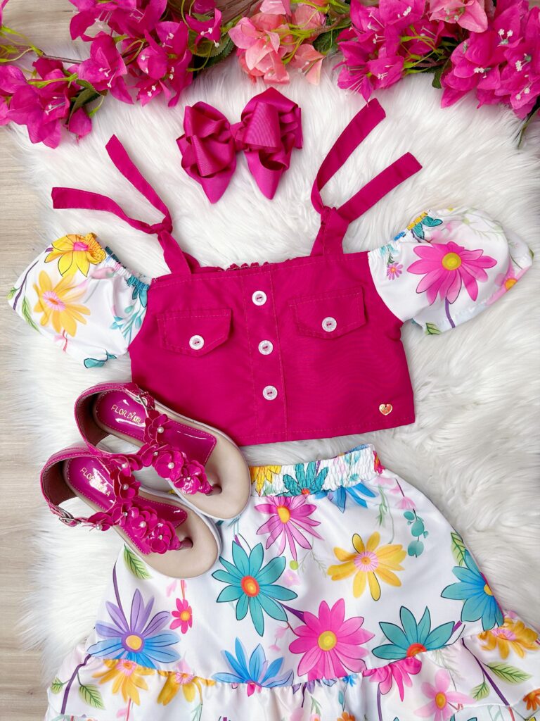 Conjunto Infantil Blusa Pink e Saia Florida Margaridas