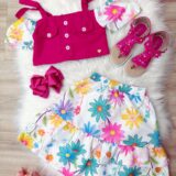 Conjunto Infantil Blusa Pink e Saia Florida Margaridas