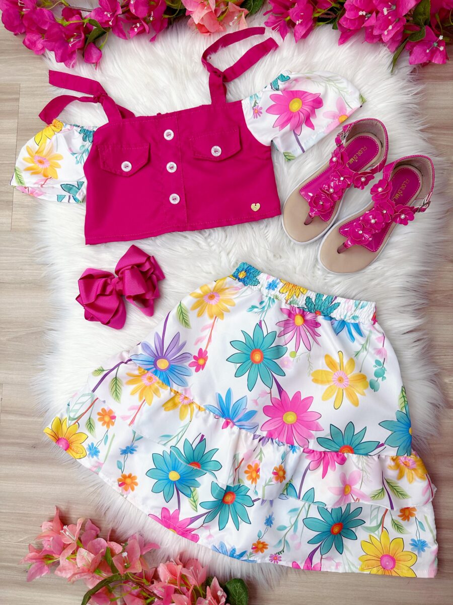 Conjunto Infantil Blusa Pink e Saia Florida Margaridas