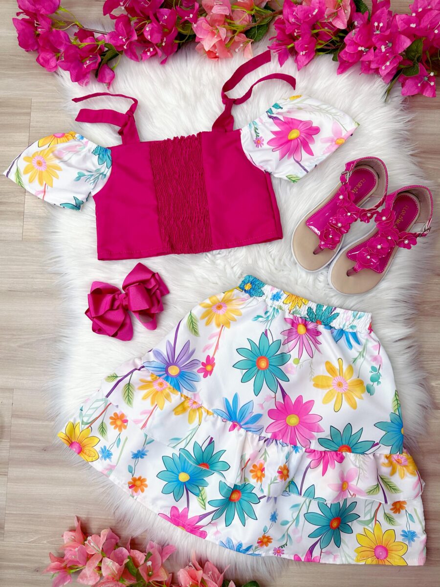 Conjunto Infantil Blusa Pink e Saia Florida Margaridas