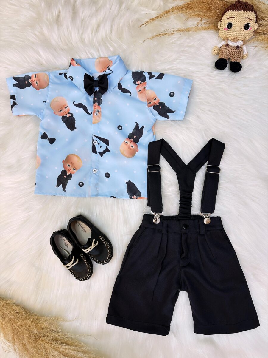 Conjunto Infantil Poderoso Chefinho Short Suspensório Camisa