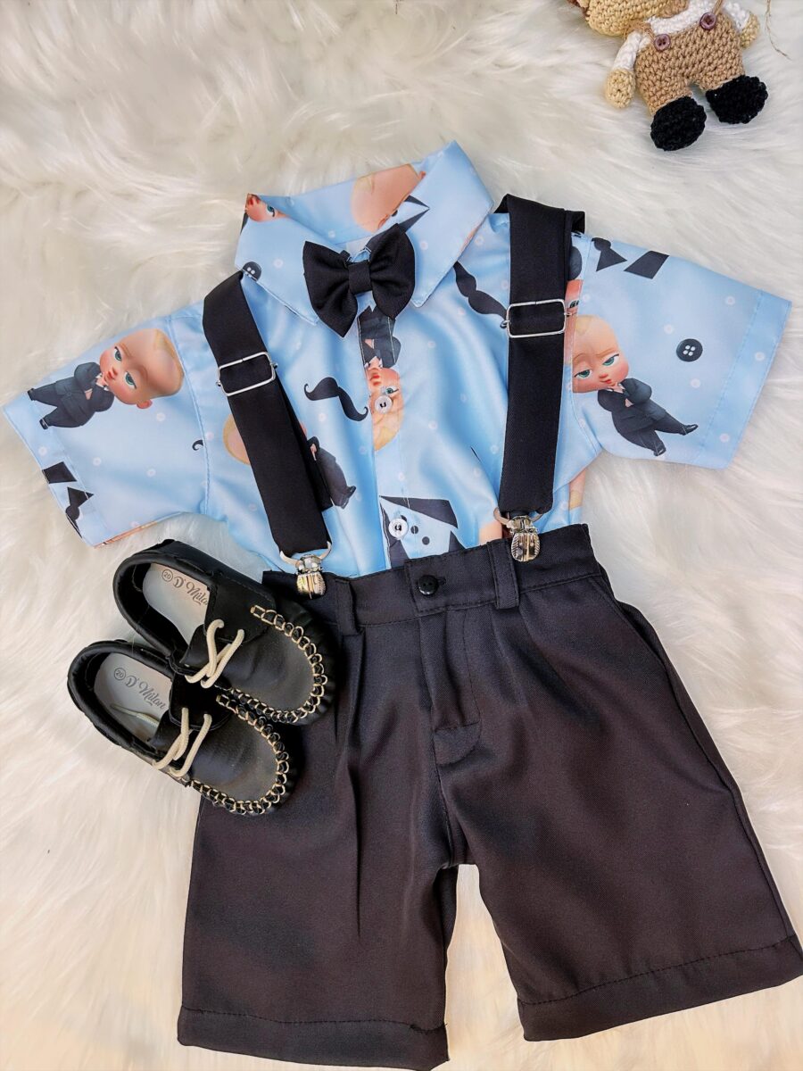 Conjunto Infantil Poderoso Chefinho Short Suspensório Camisa