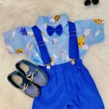 Conjunto Infantil Bolofofos Azul Short Suspensório e Camisa
