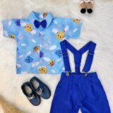 Conjunto Infantil Bolofofos Azul Short Suspensório e Camisa