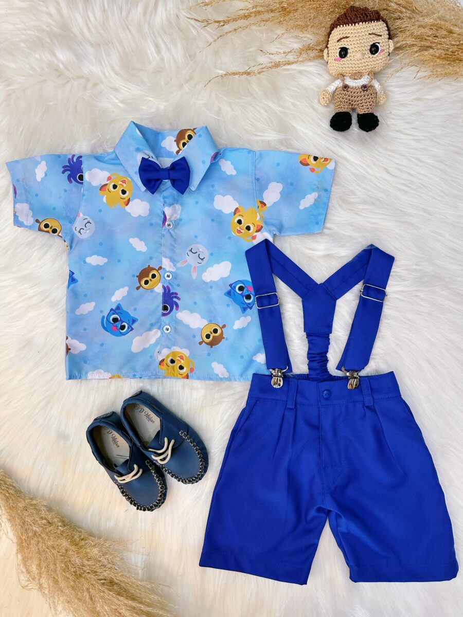 Conjunto Infantil Bolofofos Azul Short Suspensório e Camisa