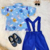 Conjunto Infantil Bolofofos Azul Short Suspensório e Camisa