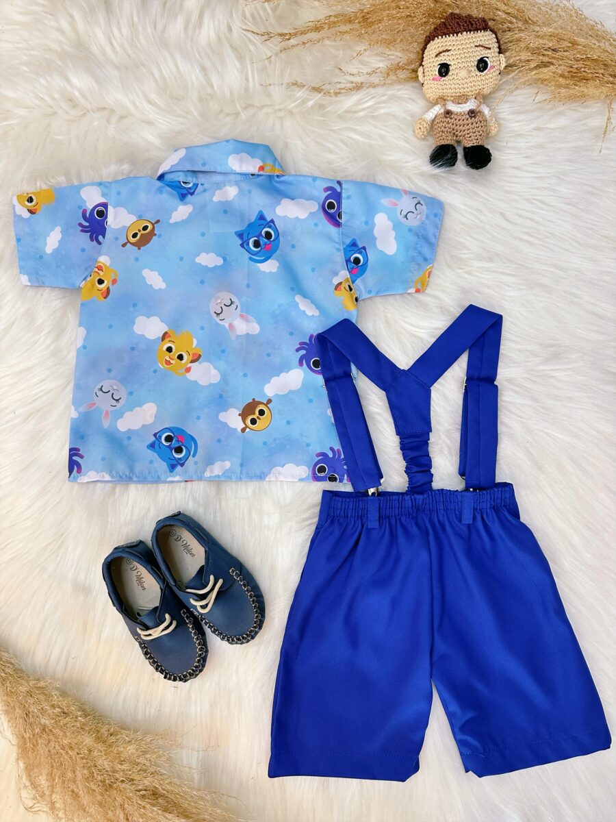 Conjunto Infantil Bolofofos Azul Short Suspensório e Camisa