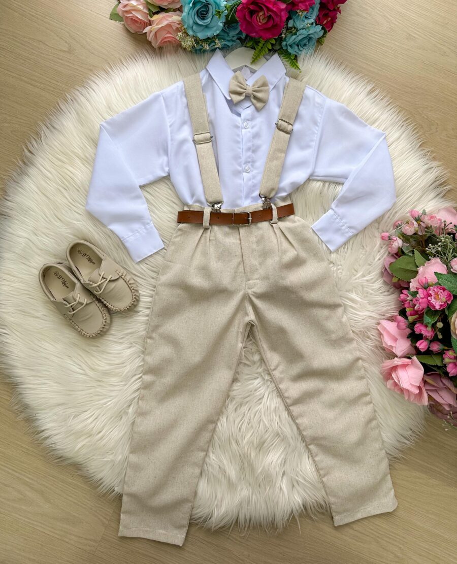 Conjunto Social Infantil Miss Cherry Vitor Linho Bege