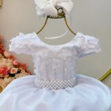 Vestido Infantil Branco Busto com Flores e Renda