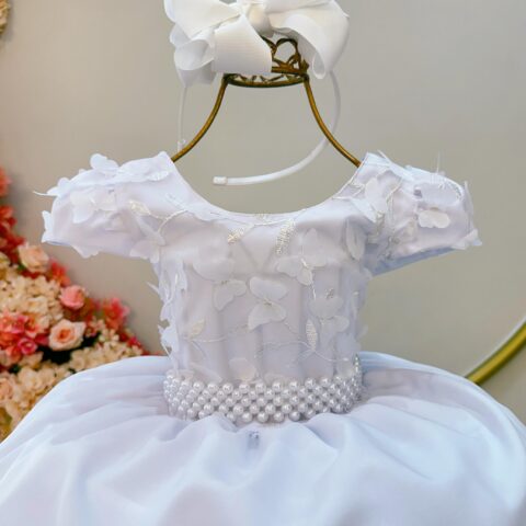 Vestido Infantil Branco Busto C/ Apliques de Flores Renda