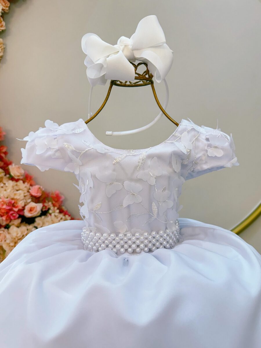 Vestido Infantil Branco Busto com Flores e Renda