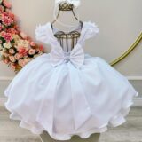 Vestido Infantil Branco Busto com Flores e Renda