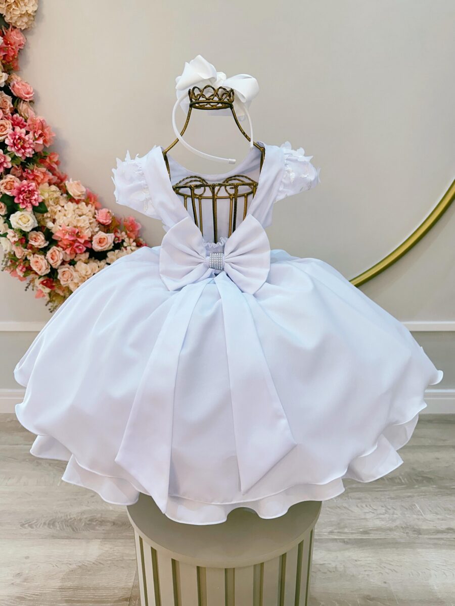 Vestido Infantil Branco Busto com Flores e Renda