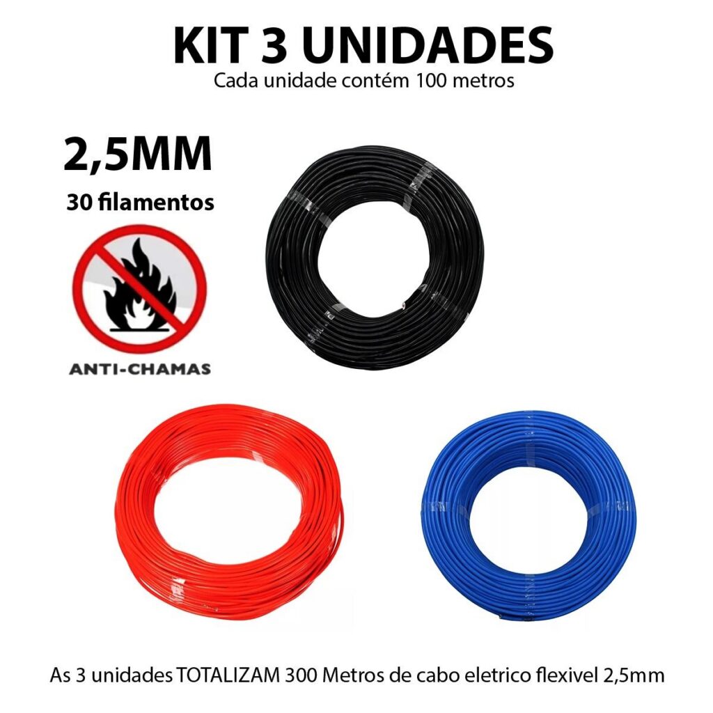 Kit 3 Cabos Flexíveis 2,5 mm 100 m FiilValle Antichama 750V