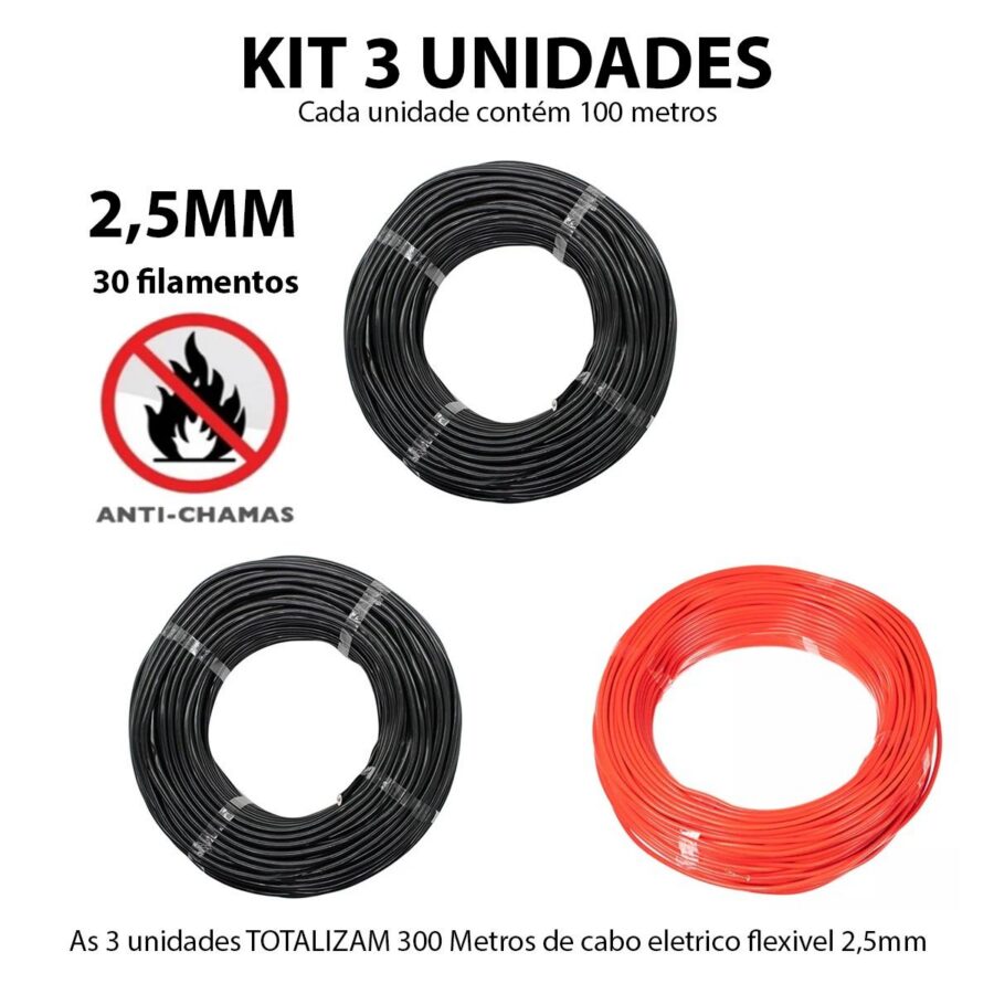 Kit 3 Cabos Flexíveis 2,5 mm 100 m 2 Pretos e 1 Vermelho
