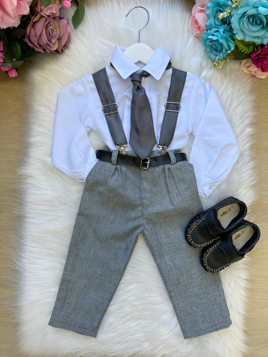Conjunto Infantil Miss Cherry Rafael Suspensório Cinza