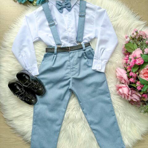 Conjunto Infantil Miss Cherry Leo Suspensório Azul Claro