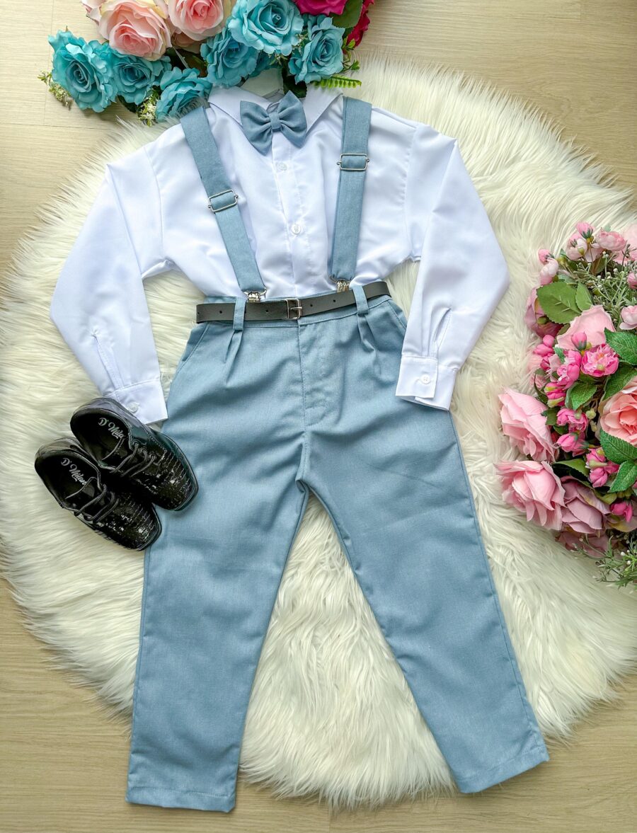 Conjunto Infantil Miss Cherry Leo Suspensório Azul Claro