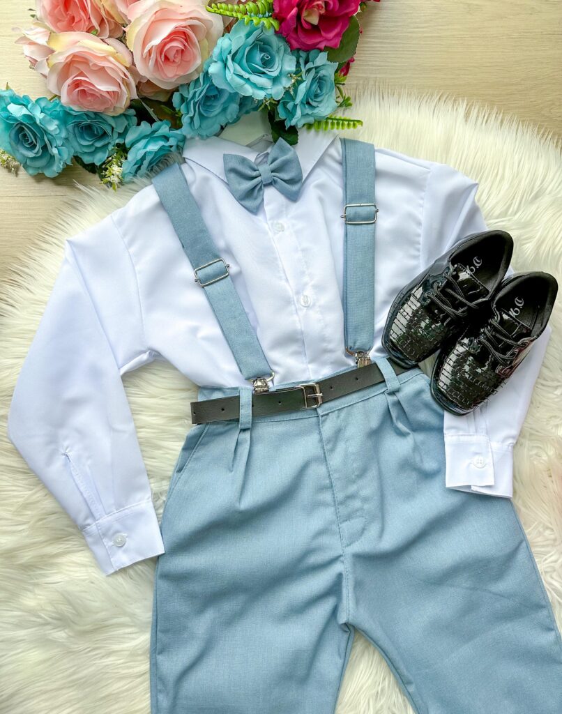 Conjunto Infantil Miss Cherry Leo Suspensório Azul Claro