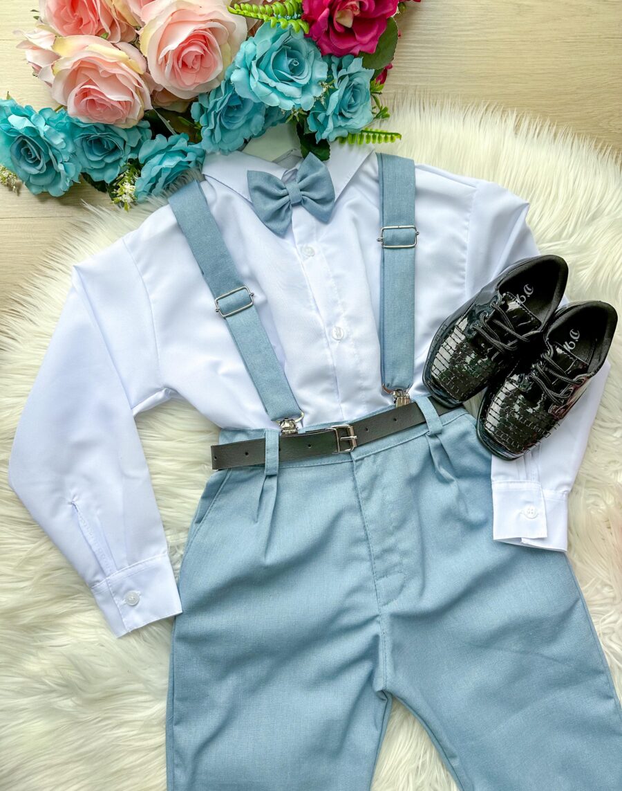 Conjunto Infantil Miss Cherry Leo Suspensório Azul Claro