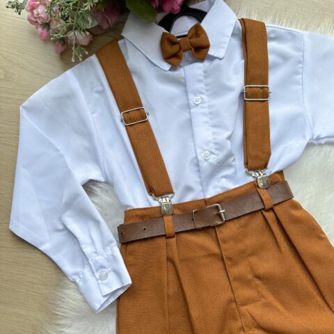 Conjunto Infantil Miss Cherry Vitor Suspensório Marrom Teddy