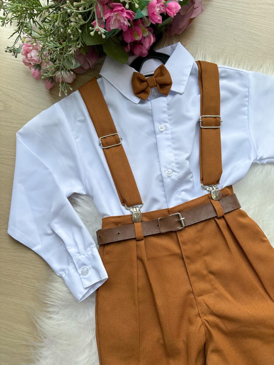 Conjunto Infantil Miss Cherry Vitor Suspensório Marrom Teddy