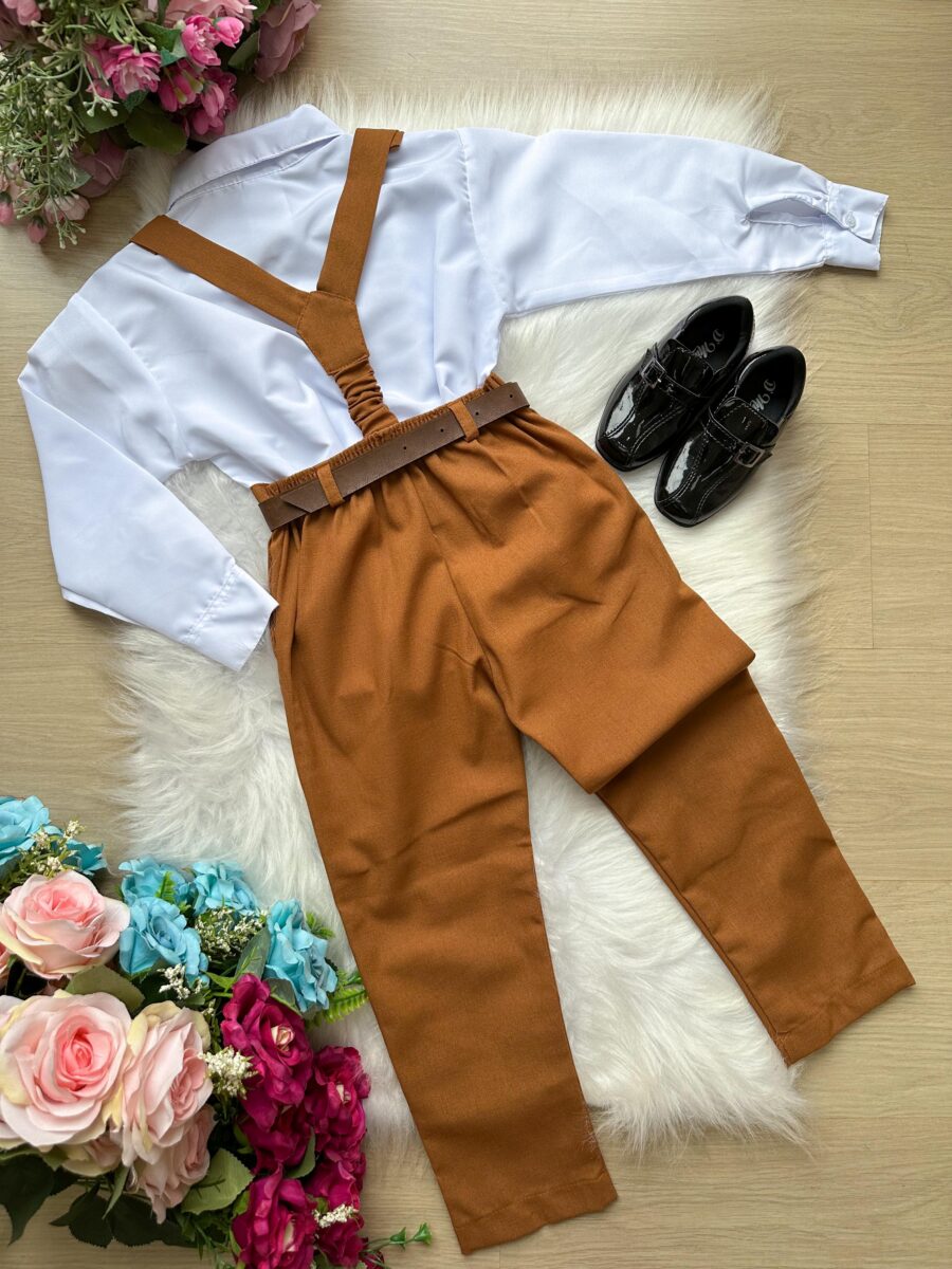 Conjunto Infantil Miss Cherry Vitor Suspensório Marrom Teddy