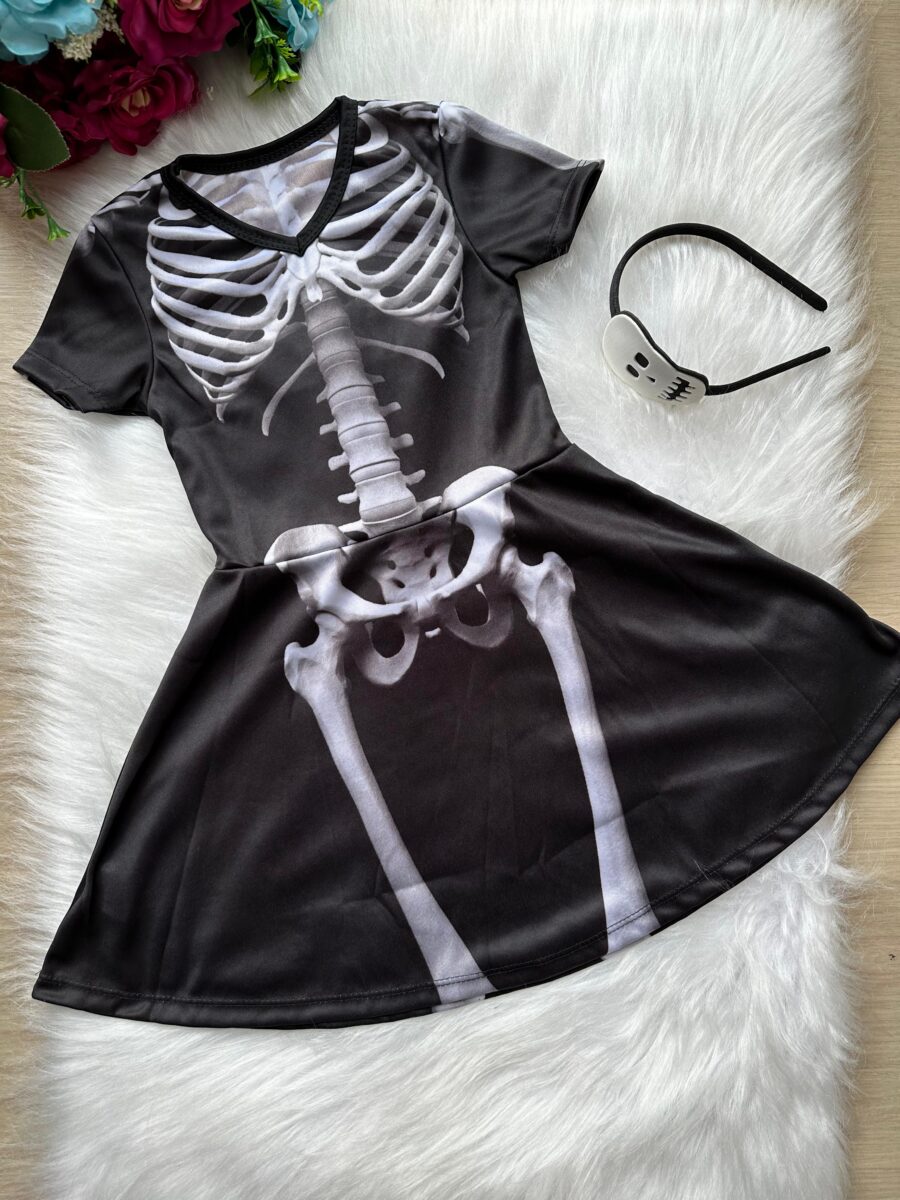 Fantasia Infantil Menina Esqueleto Halloween com Tiara