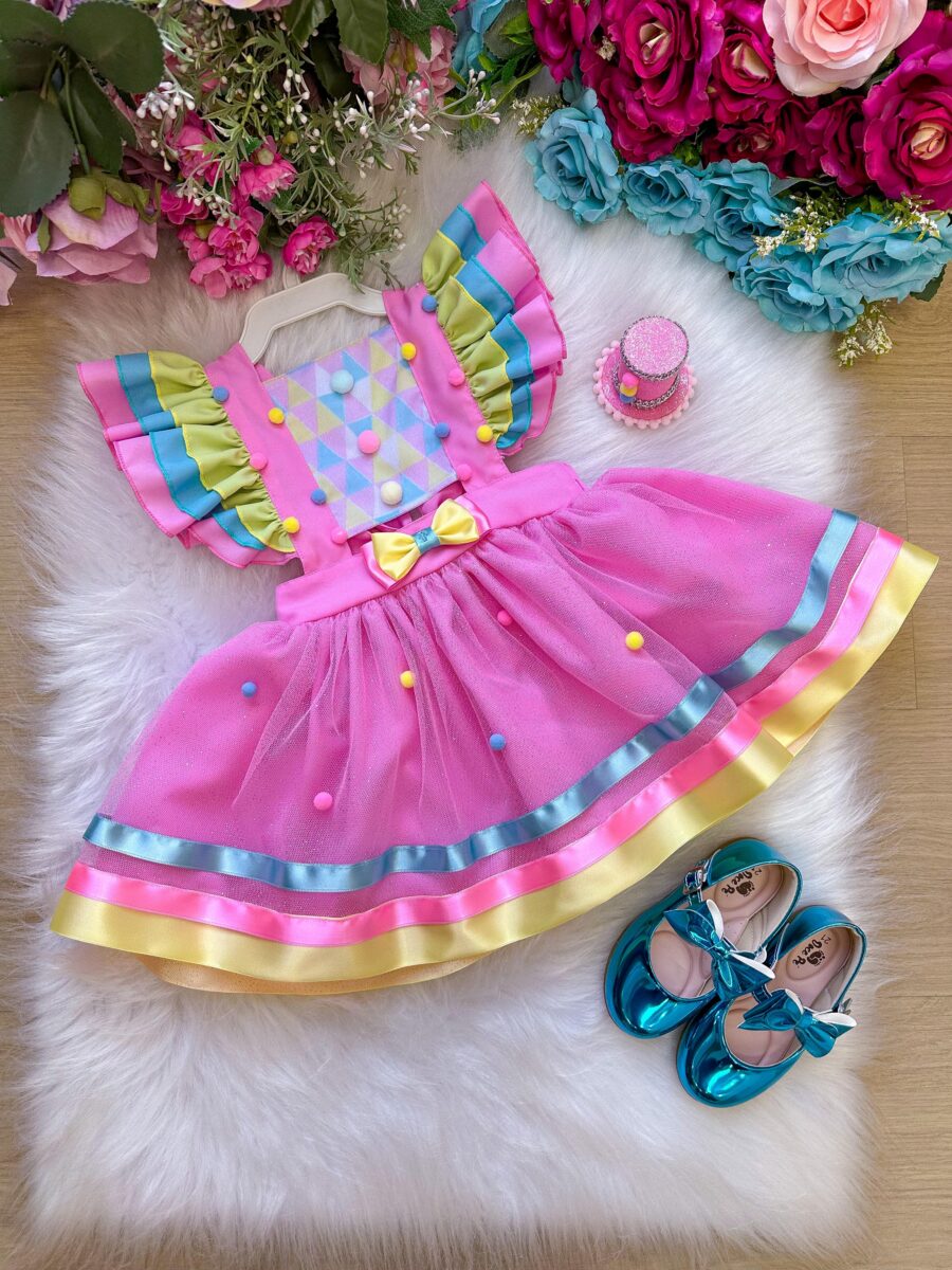Romper Vestido Infantil Circo Doceria Candy Rosa com Laço