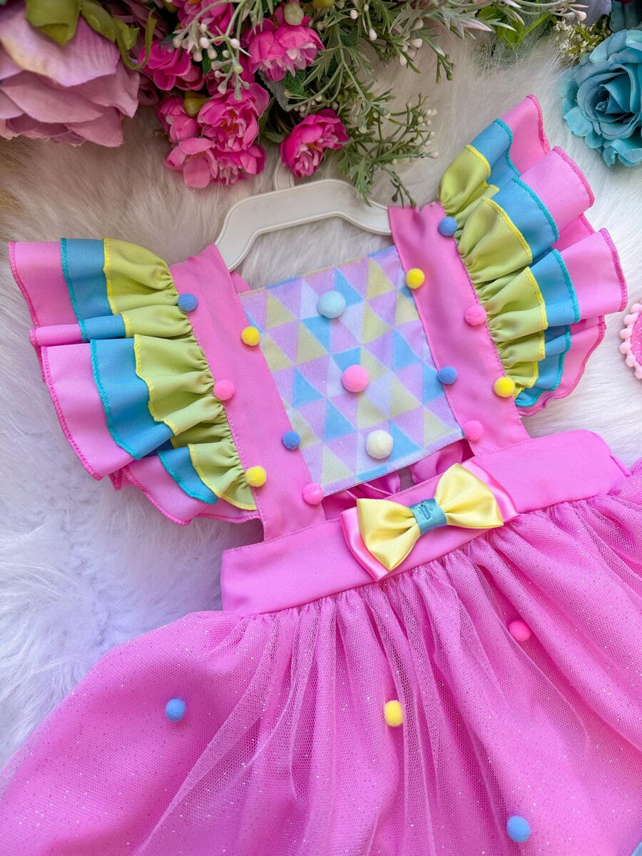 Romper Vestido Infantil Circo Doceria Candy Rosa com Laço
