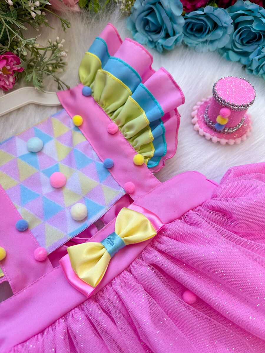 Romper Vestido Infantil Circo Doceria Candy Rosa com Laço