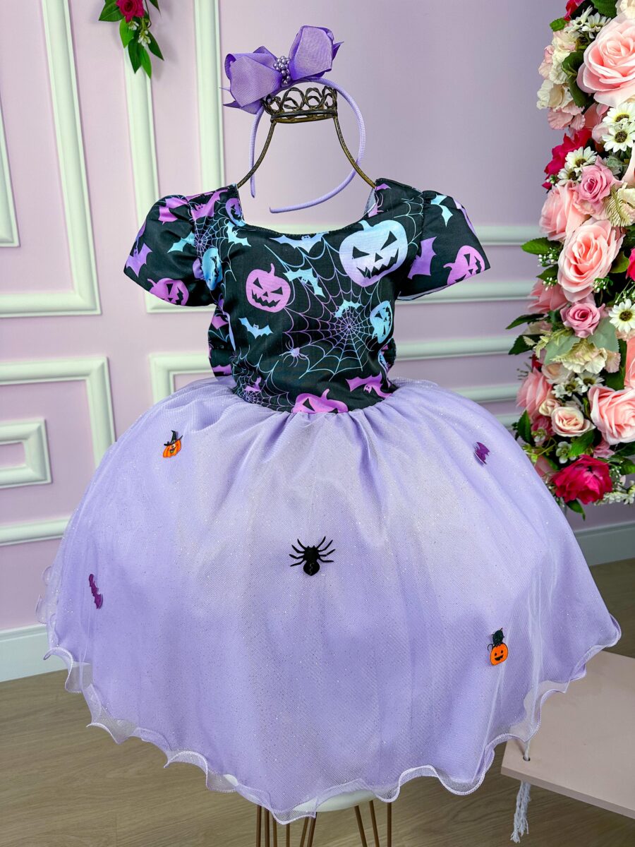 Fantasia Bruxinha Halloween Infantil Saia Lilás com Capa