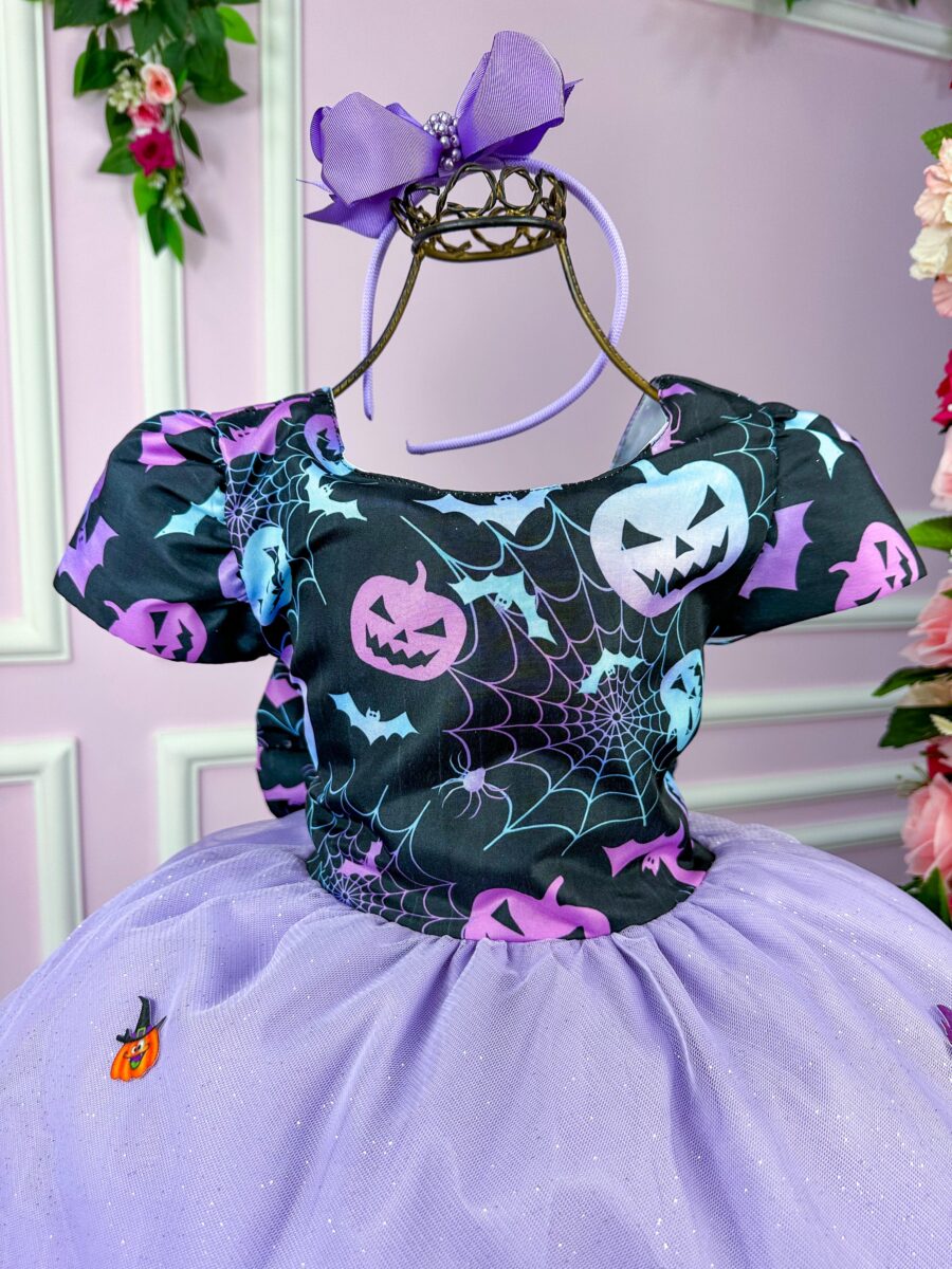 Fantasia Bruxinha Halloween Infantil Saia Lilás com Capa