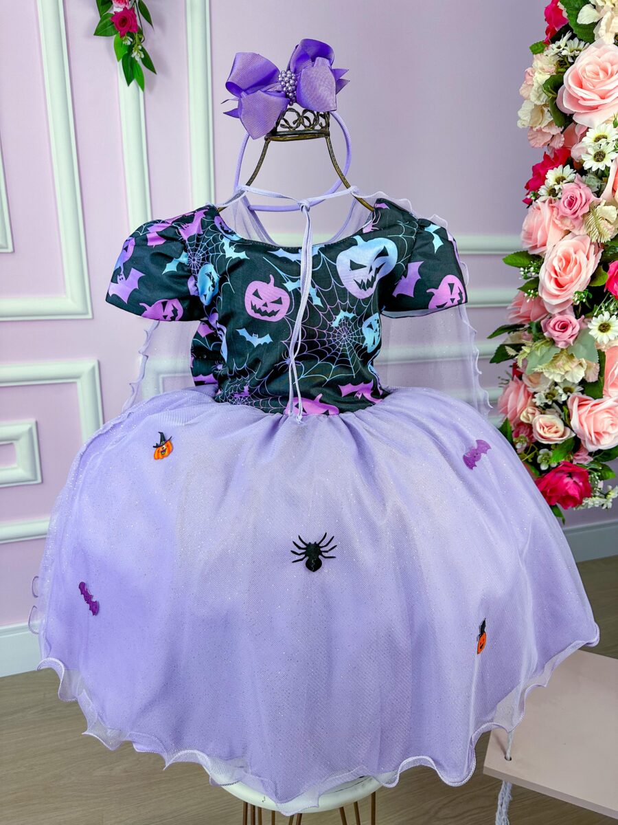 Fantasia Bruxinha Halloween Infantil Saia Lilás com Capa