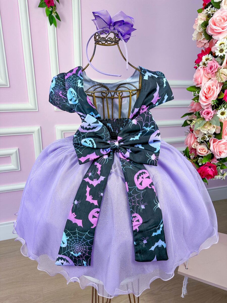 Fantasia Bruxinha Halloween Infantil Saia Lilás com Capa