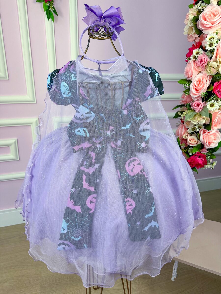 Fantasia Bruxinha Halloween Infantil Saia Lilás com Capa