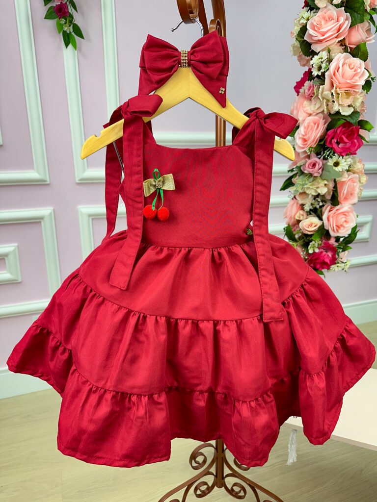 Vestido Infantil Blogueirinha Cerejinha Vermelho com Laço