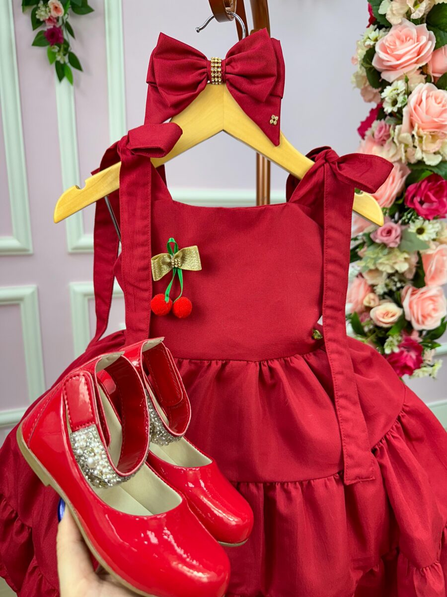 Vestido Infantil Blogueirinha Cerejinha Vermelho com Laço