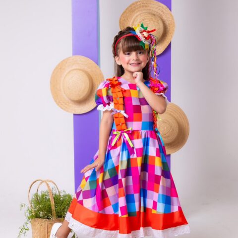 Vestido Junino Infantil Marie Arraiá do Sertão Laranja