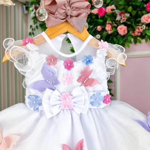 Vestido Marie Branco Jardim Encantado Borboletas Coloridas