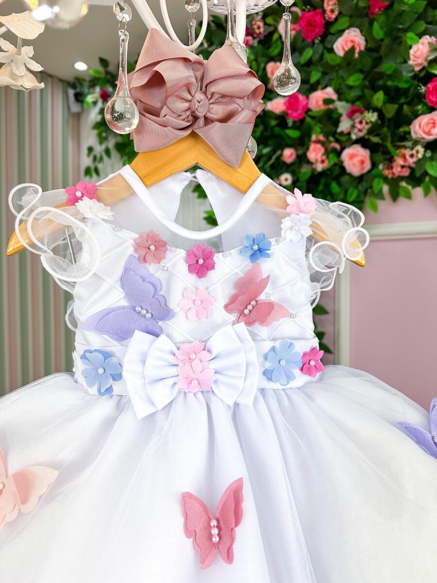 Vestido Marie Branco Jardim Encantado Borboletas Coloridas