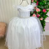 Vestido Longo Amanda Marie Branco Tule e Cinto de Pérolas