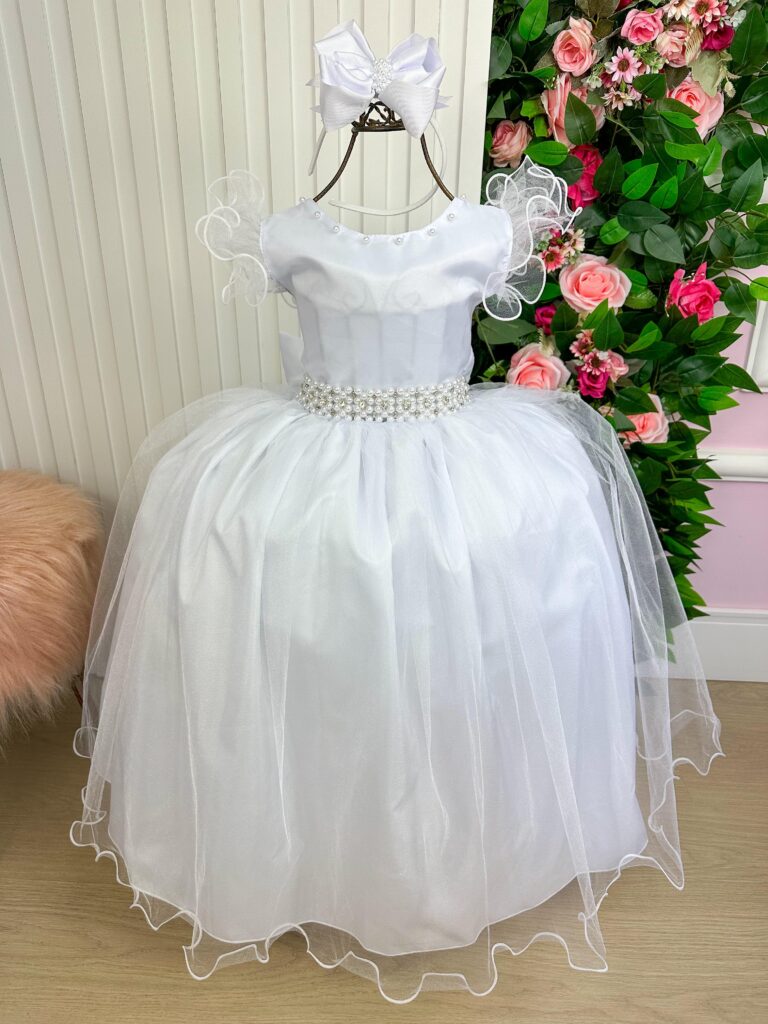 Vestido Longo Amanda Marie Branco Tule e Cinto de Pérolas