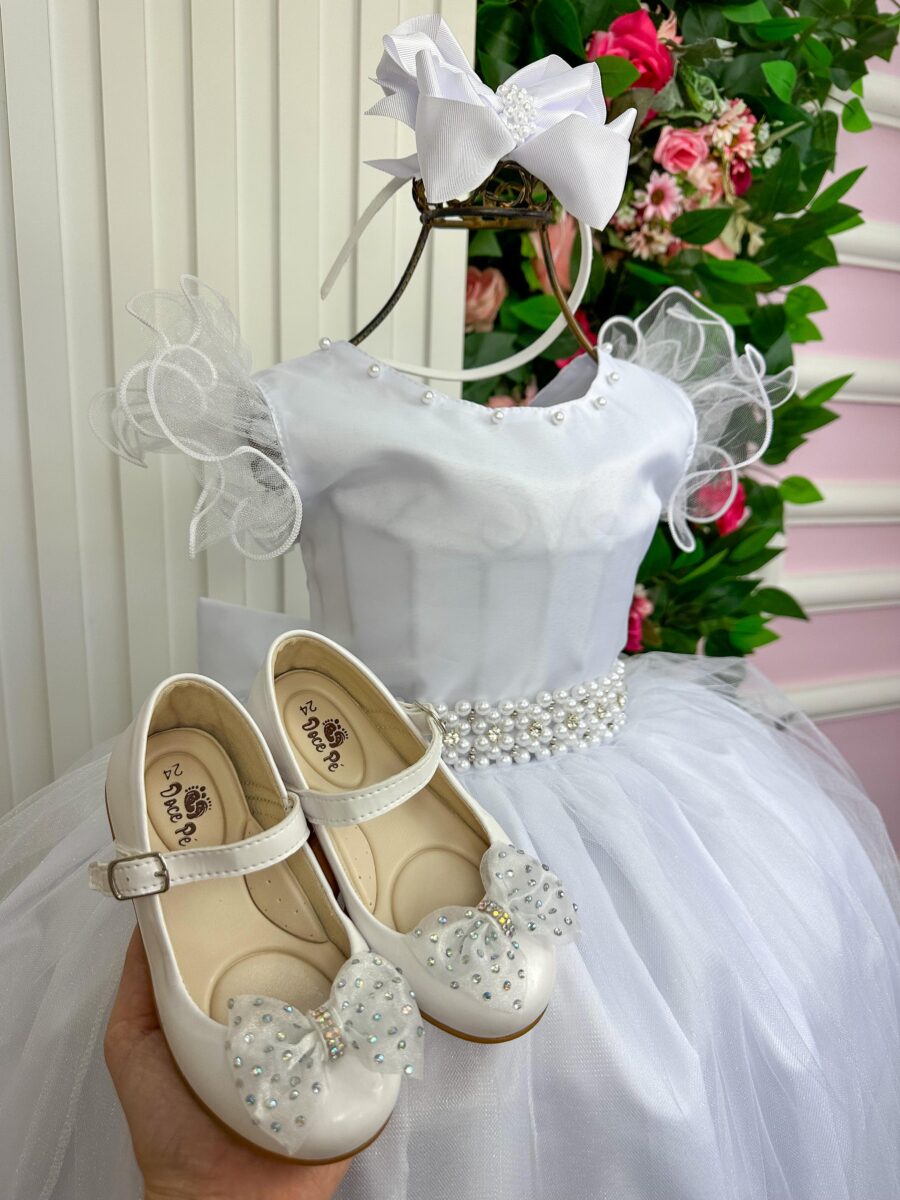 Vestido Longo Amanda Marie Branco Tule e Cinto de Pérolas