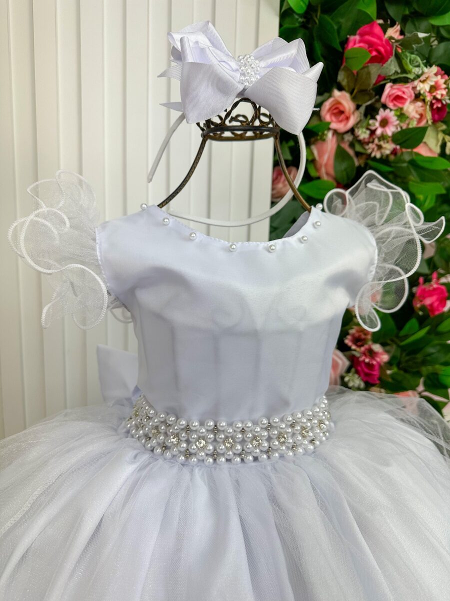 Vestido Longo Amanda Marie Branco Tule e Cinto de Pérolas