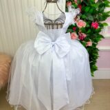 Vestido Longo Amanda Marie Branco Tule e Cinto de Pérolas