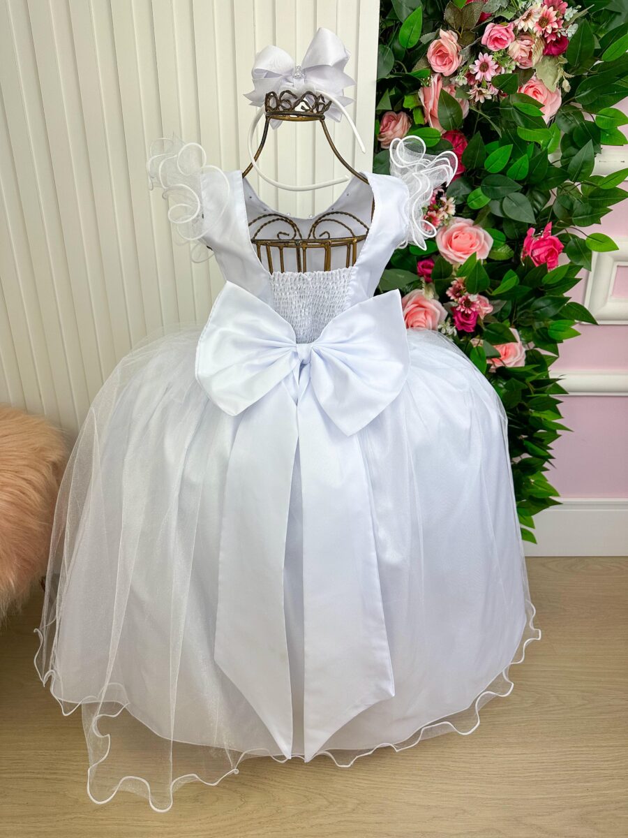 Vestido Longo Amanda Marie Branco Tule e Cinto de Pérolas