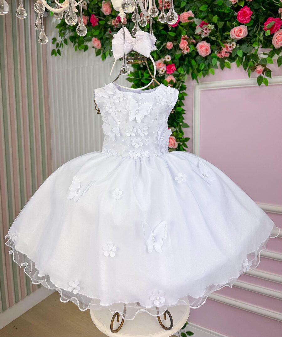 Vestido Infantil Marie Jardim das Borboletas Branco Viviane