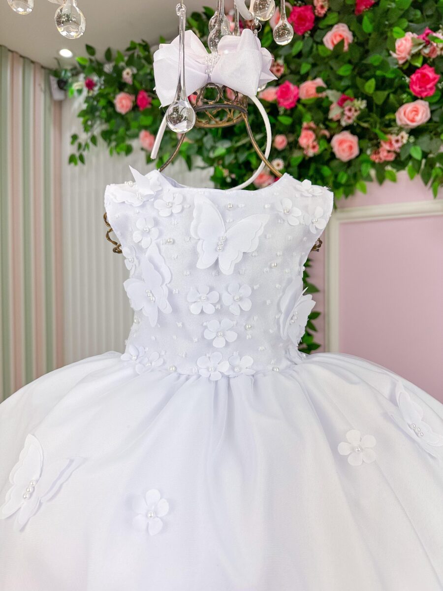 Vestido Infantil Marie Jardim das Borboletas Branco Viviane